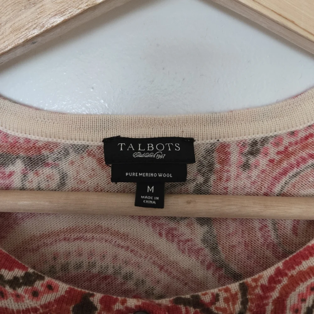 Talbots Size M 100% Merino Wool 3/4 Sleeve Paisley Cardigan